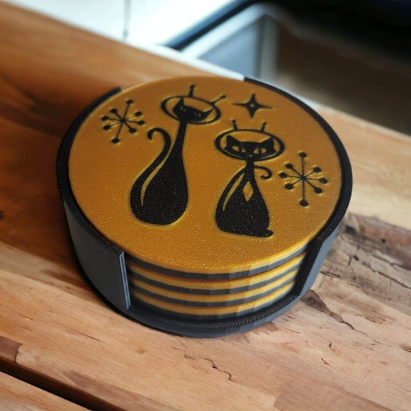 Mid Century Modern Space Age Cats Coasters For Bar Kitchen Room Retro Decor Gold - Picture 10 of 10
